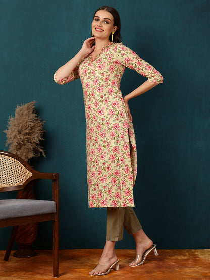 Rayon Calf Length Printed Straight 3/4 Sleeves V-Neck Kurta