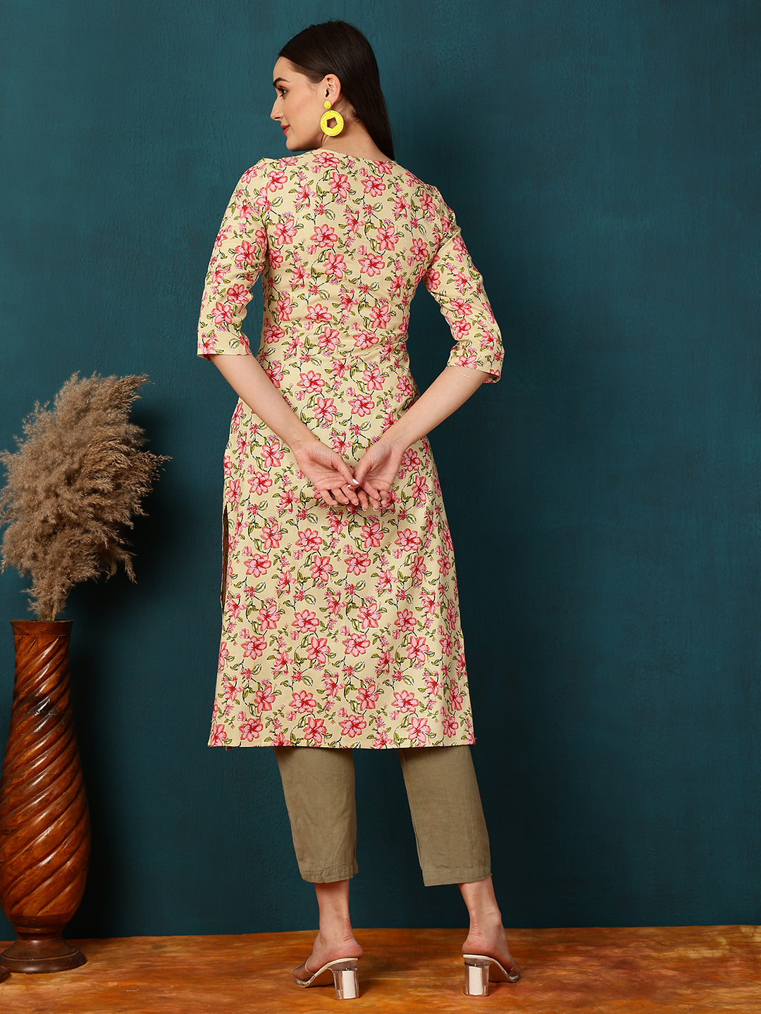 Rayon Calf Length Printed Straight 3/4 Sleeves V-Neck Kurta