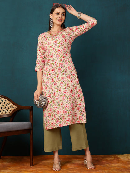 Rayon Calf Length Printed Straight 3/4 Sleeves V-Neck Kurta