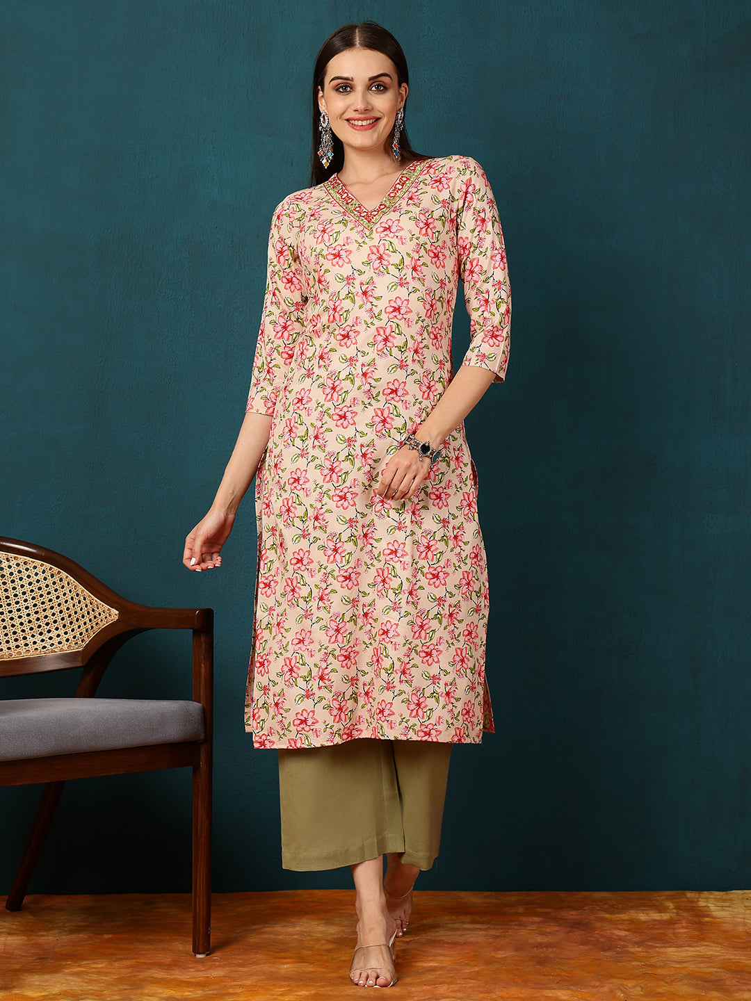 Rayon Calf Length Printed Straight 3/4 Sleeves V-Neck Kurta