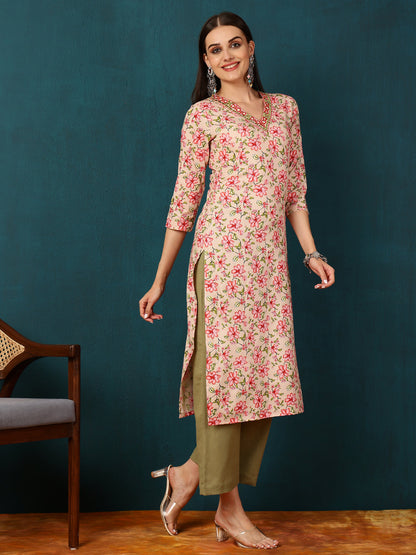 Rayon Calf Length Printed Straight 3/4 Sleeves V-Neck Kurta