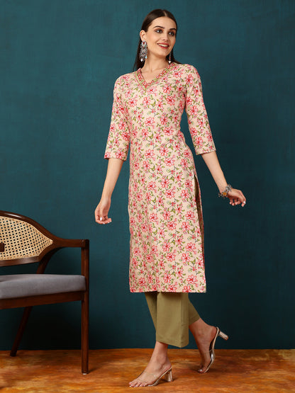 Rayon Calf Length Printed Straight 3/4 Sleeves V-Neck Kurta