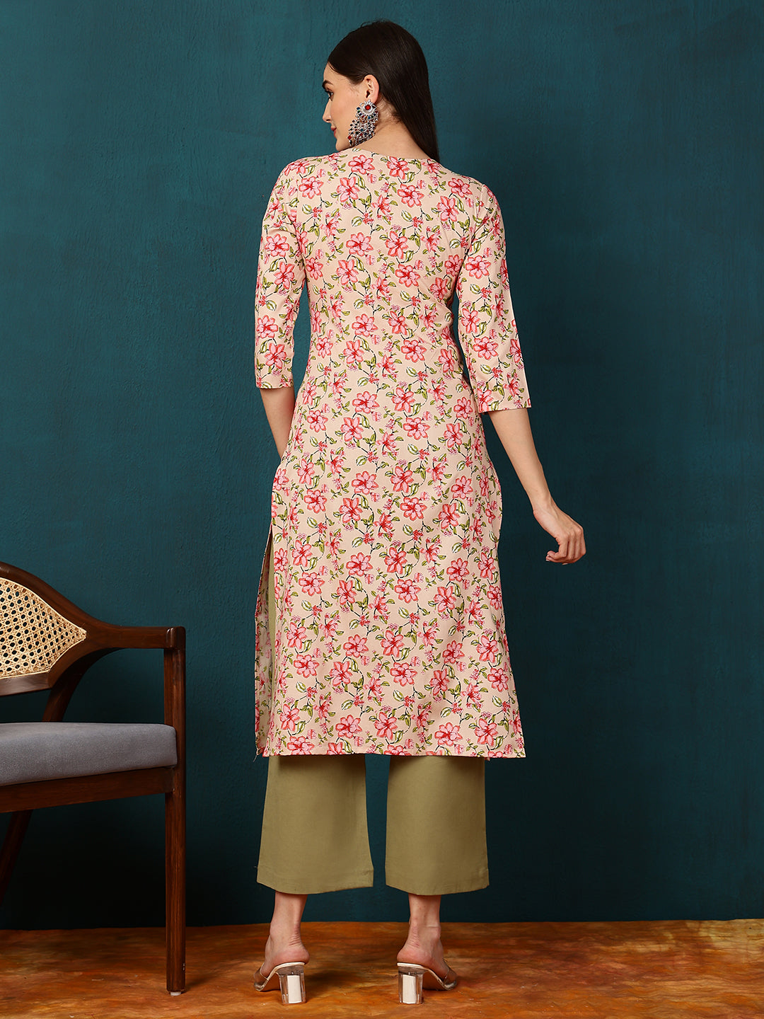 Rayon Calf Length Printed Straight 3/4 Sleeves V-Neck Kurta