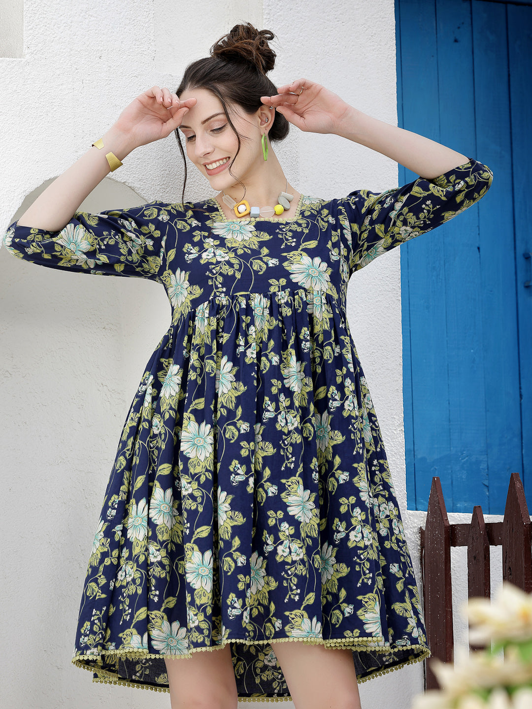 Floral Printed Cotton A-Line Dress