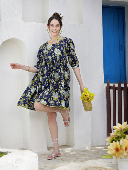 Floral Printed Cotton A-Line Dress