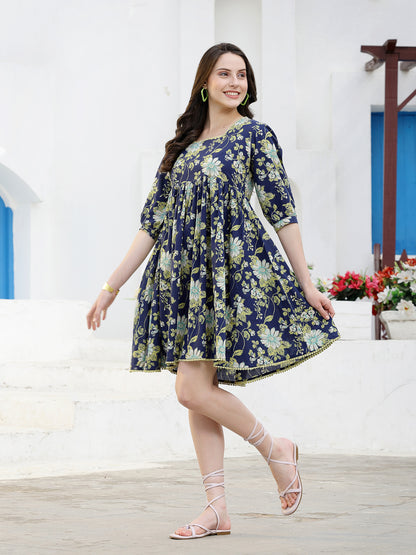 Floral Printed Cotton A-Line Dress