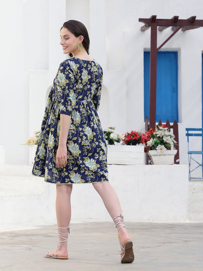 Floral Printed Cotton A-Line Dress