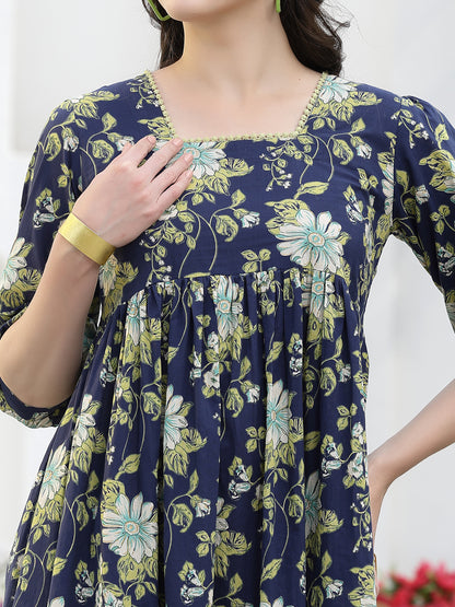 Floral Printed Cotton A-Line Dress