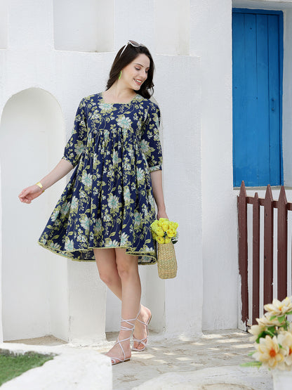 Floral Printed Cotton A-Line Dress