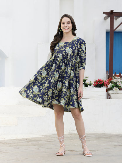 Floral Printed Cotton A-Line Dress