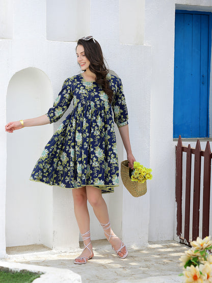 Floral Printed Cotton A-Line Dress