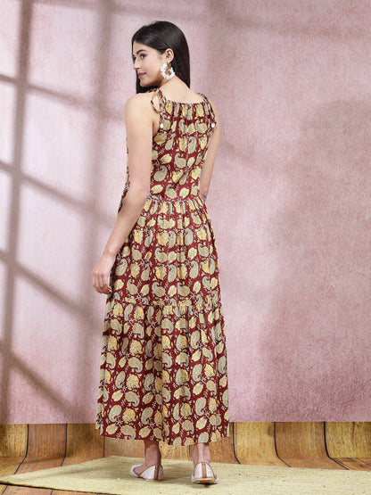 Floral Printed Cotton Long Flared Dress