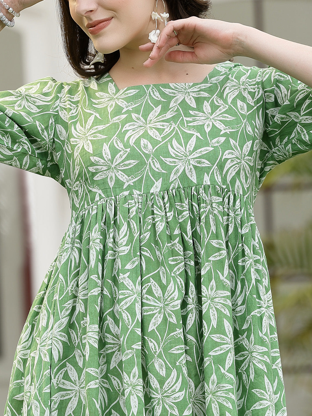 Tropical Printed Cotton Pleated A-Line Dress