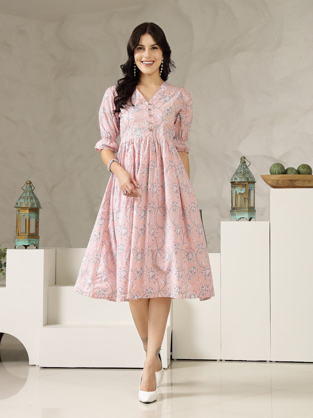 Pastel Pink Ethnic Printed Cotton Flared Dress