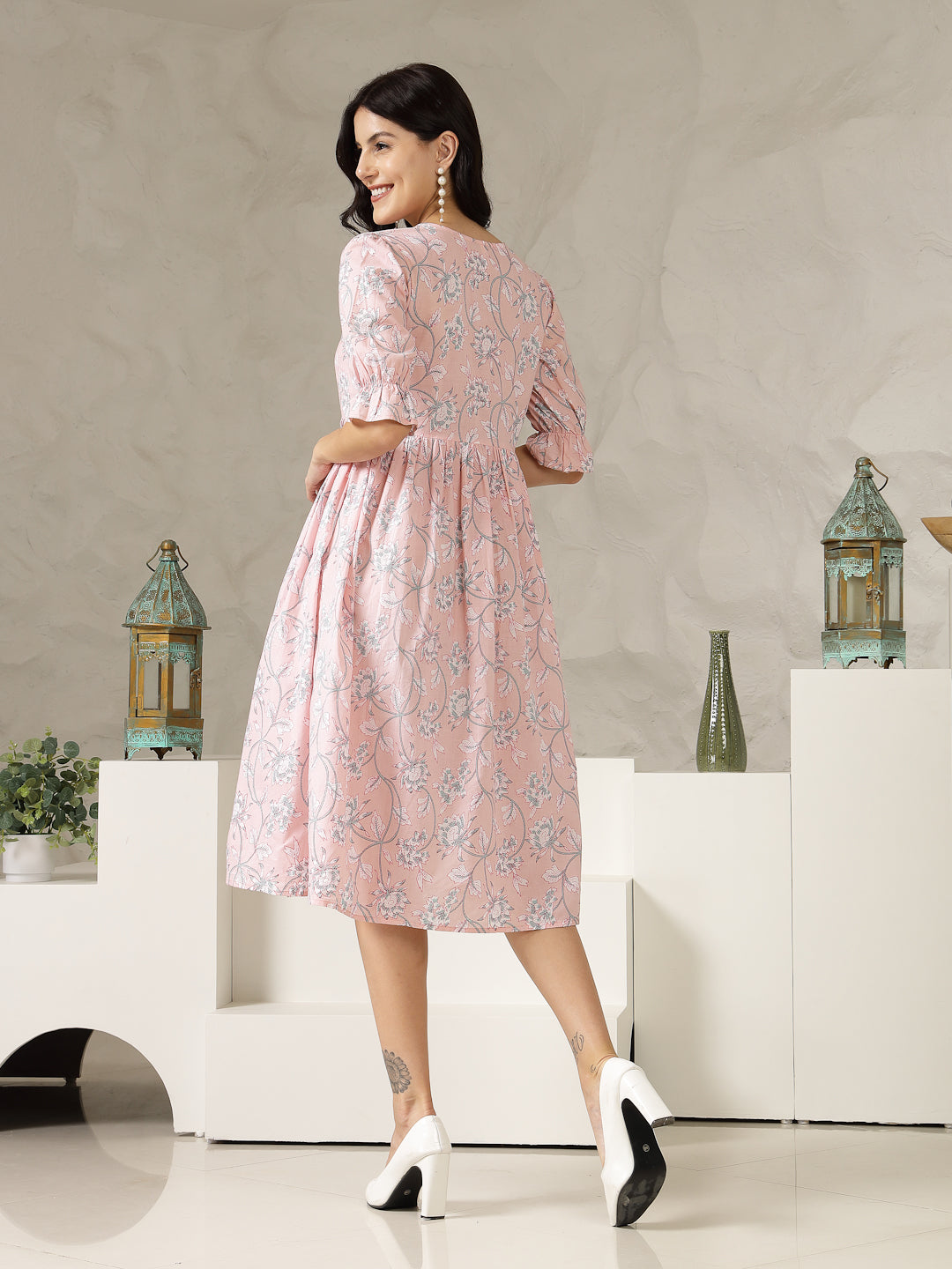 Pastel Pink Ethnic Printed Cotton Flared Dress