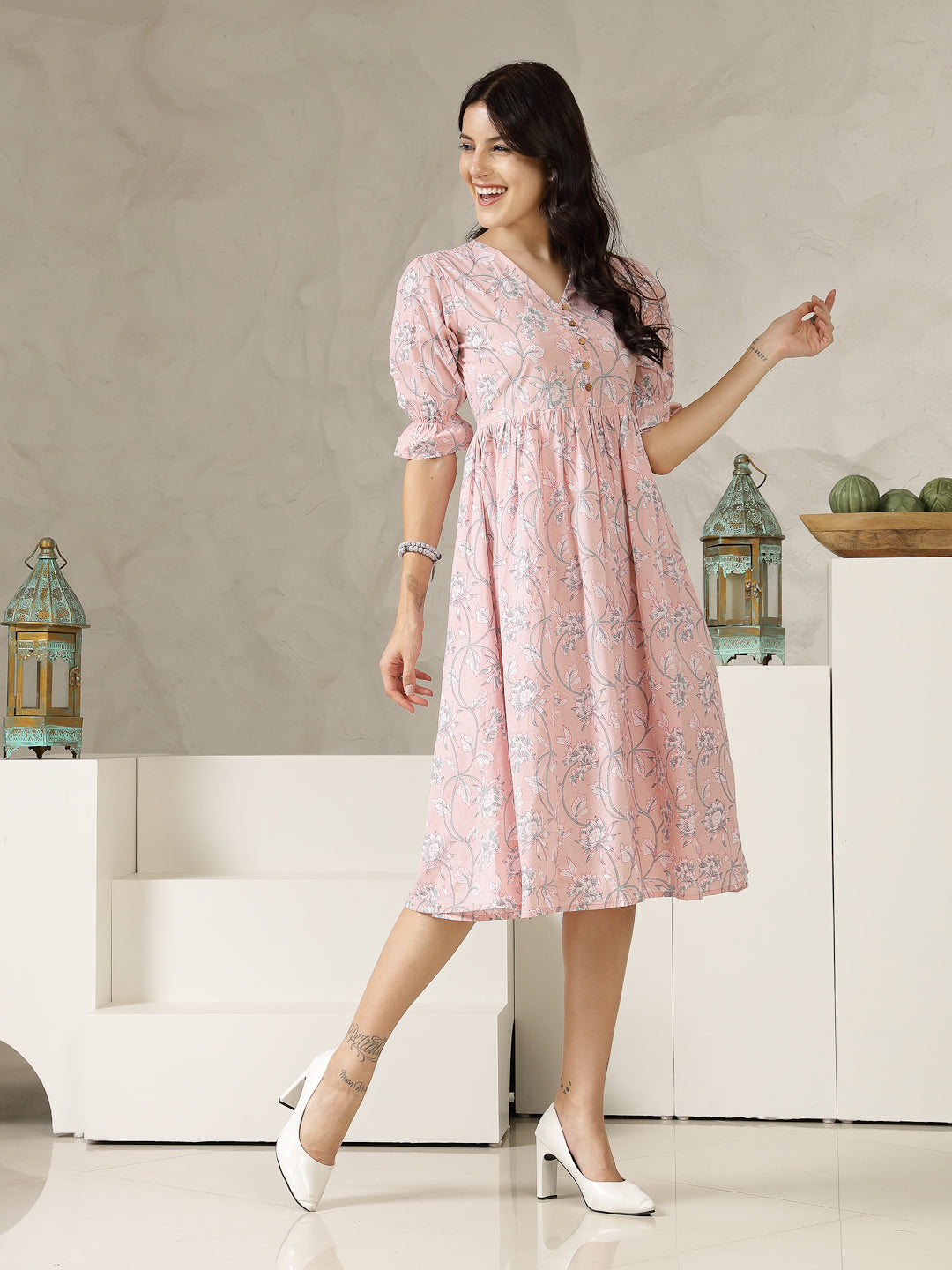 Pastel Pink Ethnic Printed Cotton Flared Dress