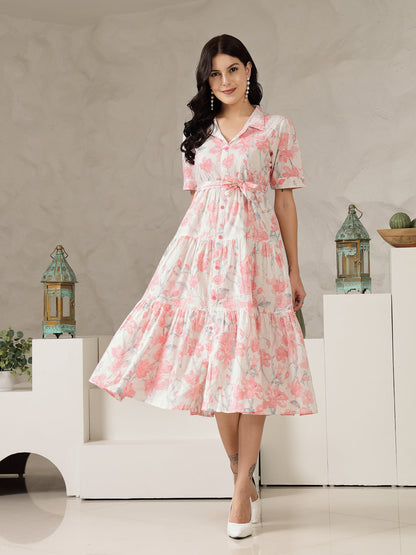 Pastel Pink Floral Printed Cotton Flared Dress