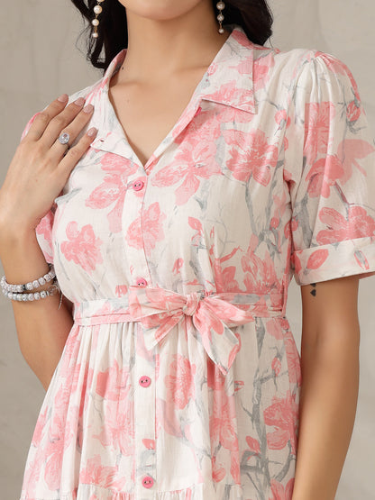 Pastel Pink Floral Printed Cotton Flared Dress