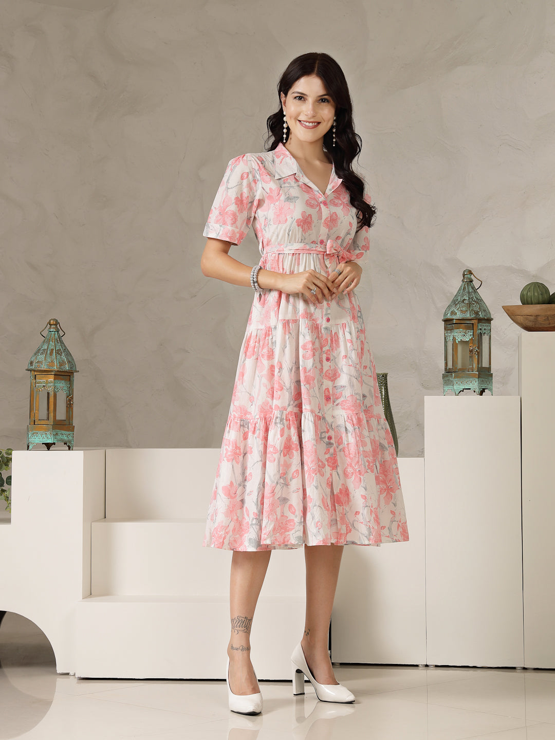 Pastel Pink Floral Printed Cotton Flared Dress