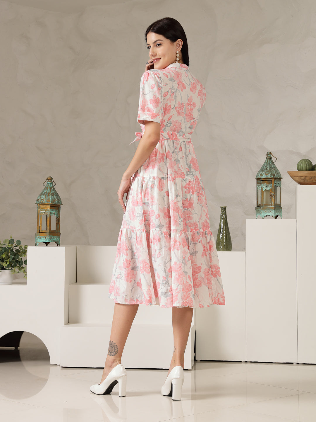 Pastel Pink Floral Printed Cotton Flared Dress