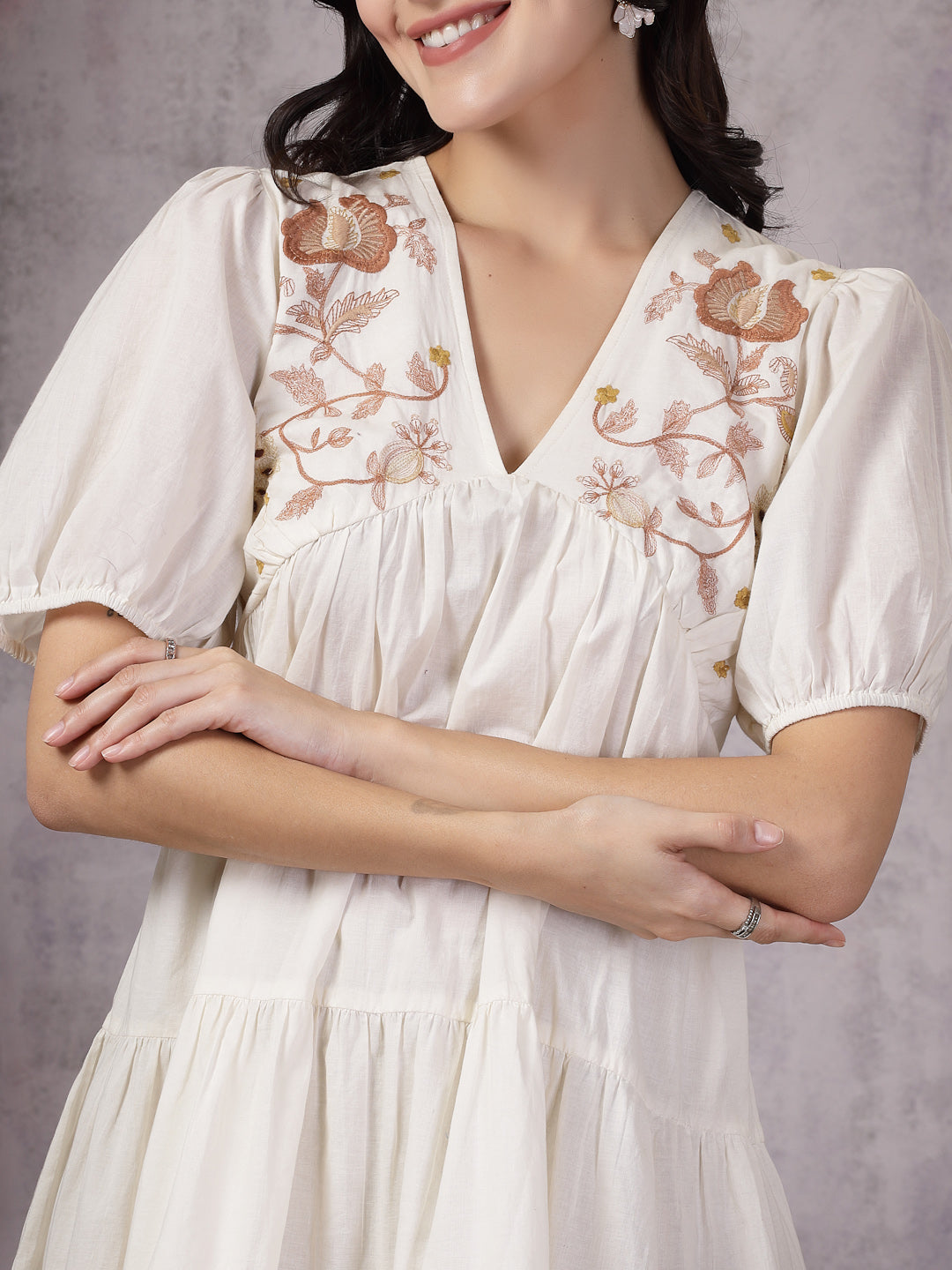 Cream Solid & Embroidered Cotton Flared Dress