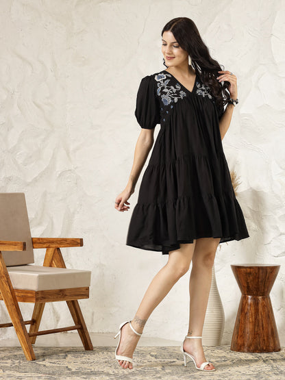 Black Solid & Embroidered Rayon Flared Dress