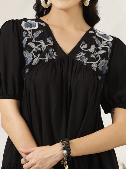 Black Solid & Embroidered Rayon Flared Dress