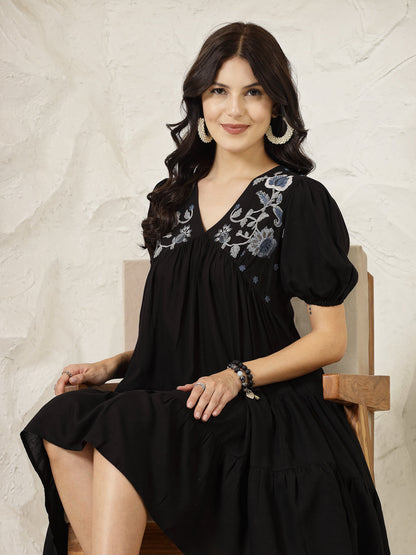 Black Solid & Embroidered Rayon Flared Dress