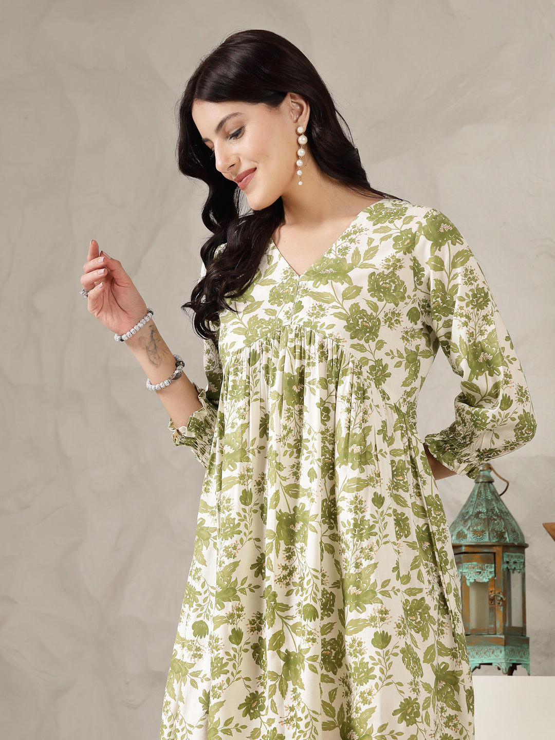 Green Floral Printed Rayon Flared Dress