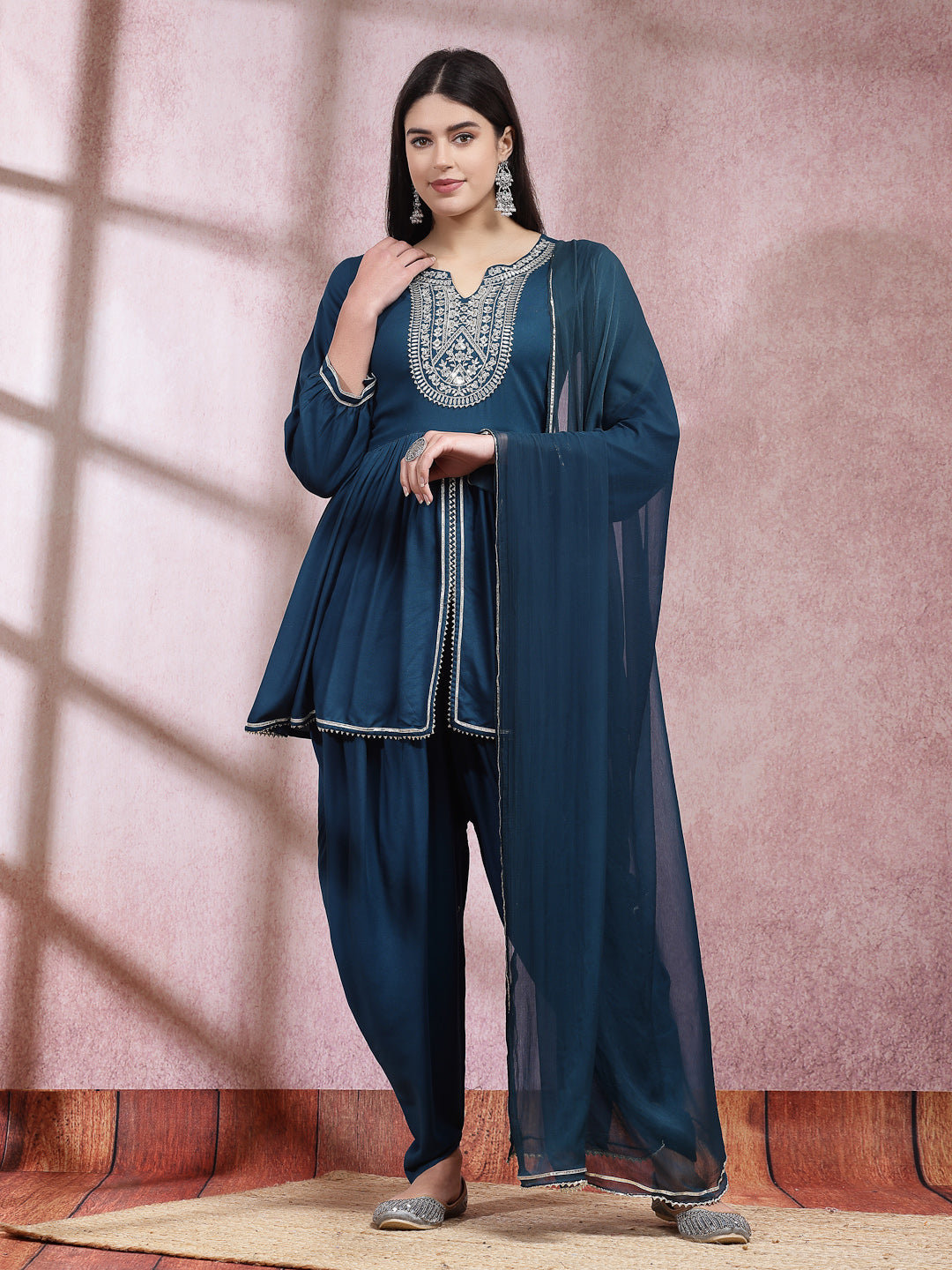 Embroidered & Embellished Rayon Pleated Kurti With Dhoti Pant & Dupatta