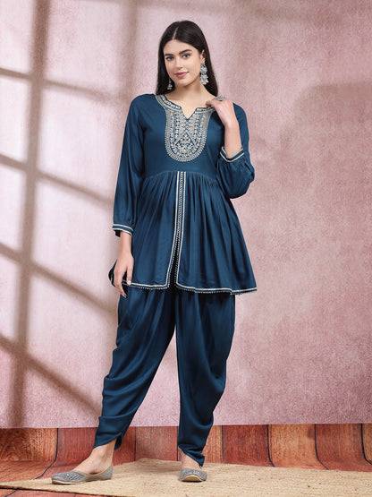 Embroidered & Embellished Rayon Pleated Kurti With Dhoti Pant & Dupatta