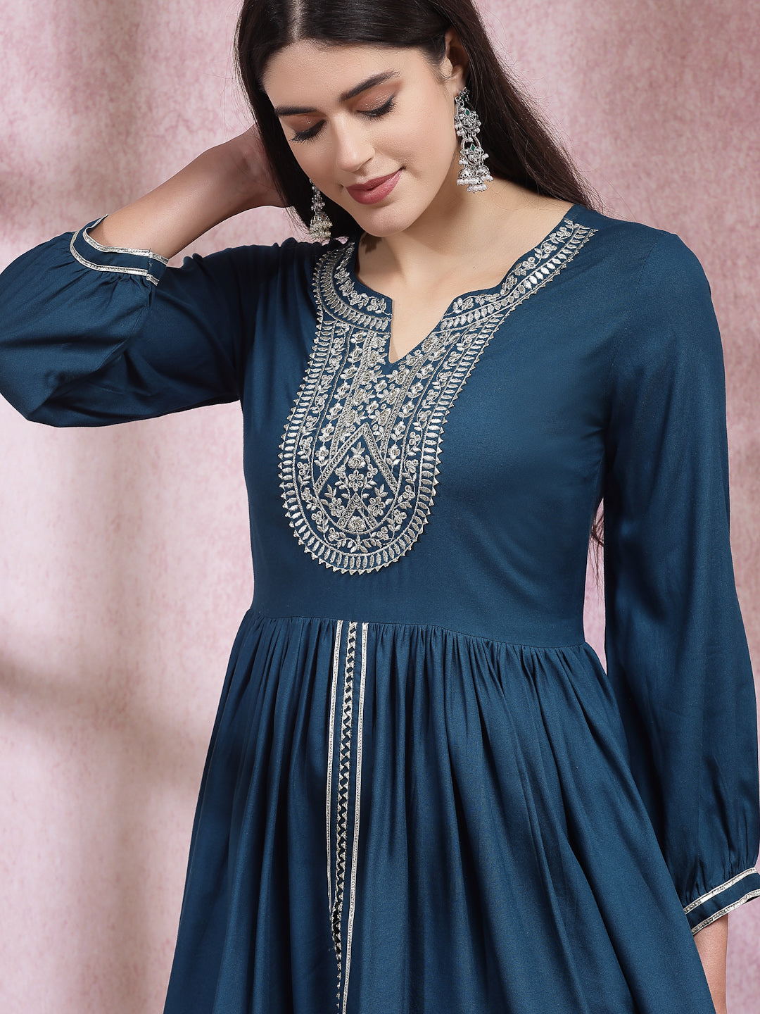 Embroidered & Embellished Rayon Pleated Kurti With Dhoti Pant & Dupatta