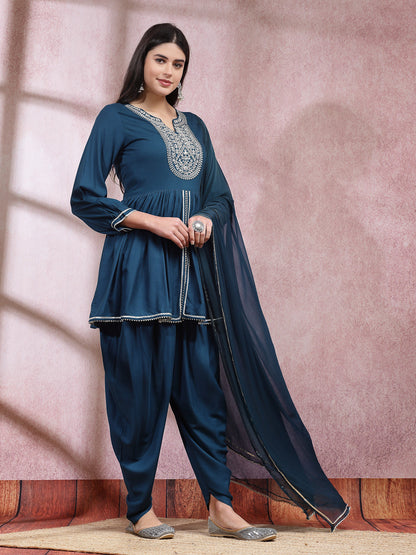 Embroidered & Embellished Rayon Pleated Kurti With Dhoti Pant & Dupatta