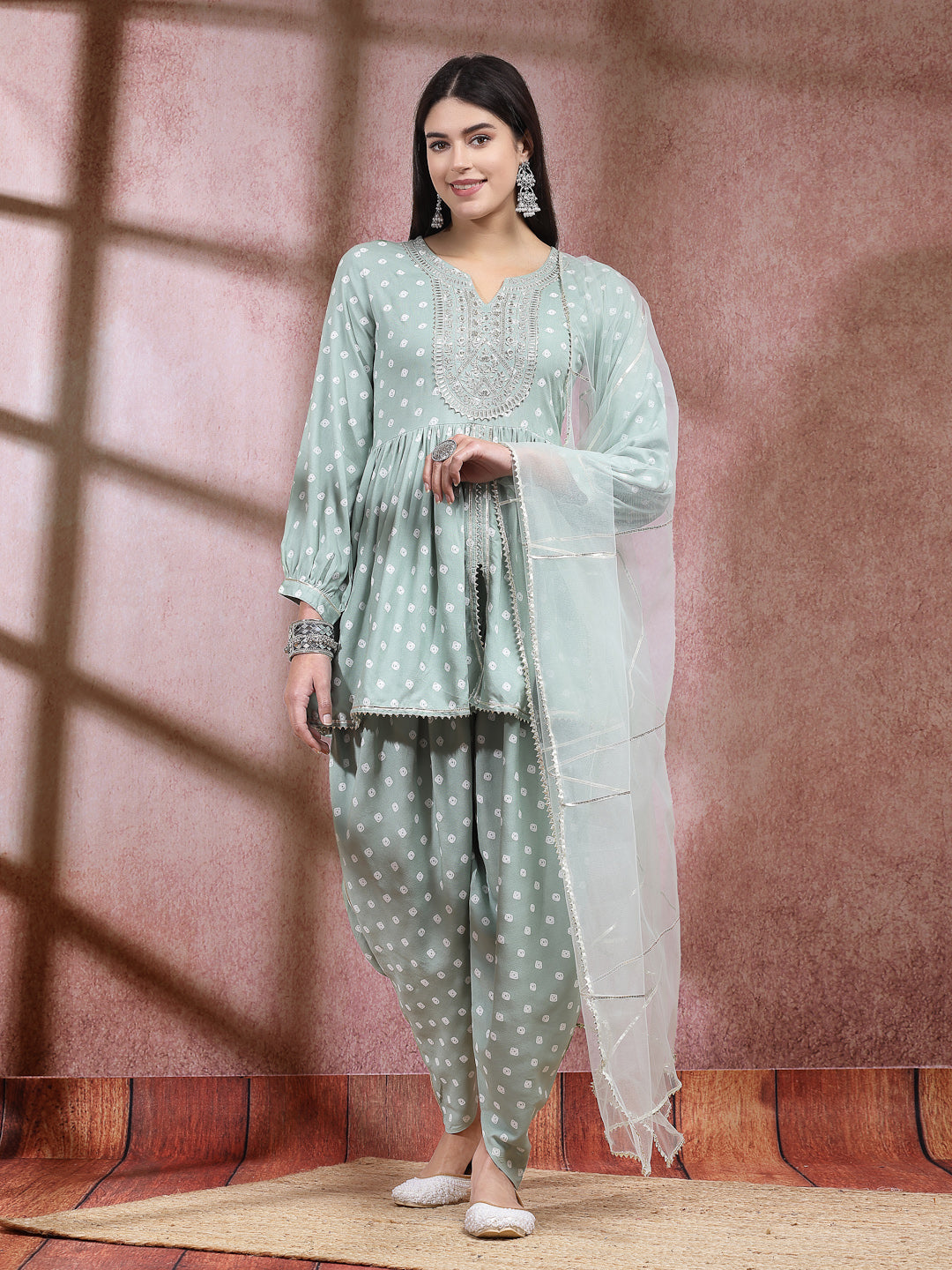 Bandhani Printed & Embroidered Rayon Pleated Kurti With Dhoti Pant & Dupatta Set