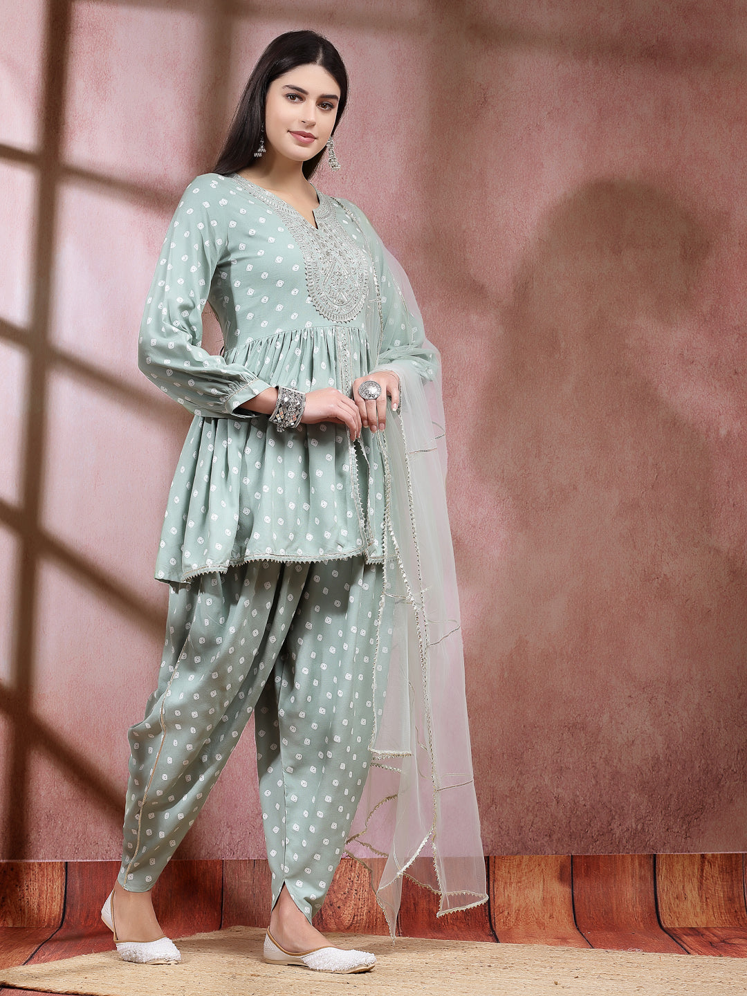 Bandhani Printed & Embroidered Rayon Pleated Kurti With Dhoti Pant & Dupatta Set