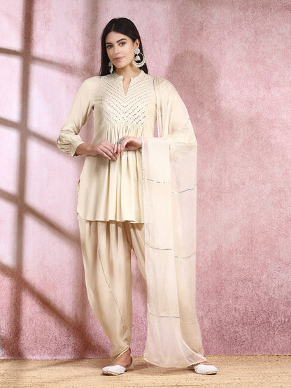 Embroidered & Embellished Rayon Pleated Kurti With Dhoti Pant & Dupatta