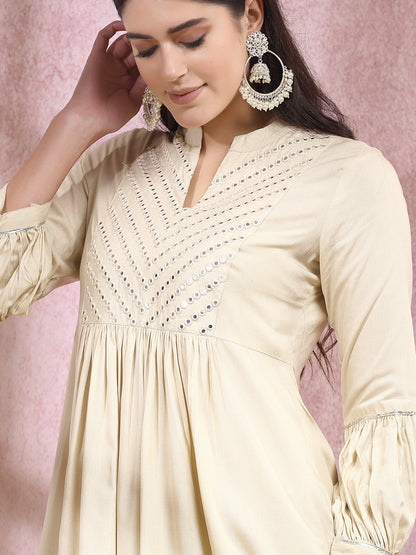 Embroidered & Embellished Rayon Pleated Kurti With Dhoti Pant & Dupatta