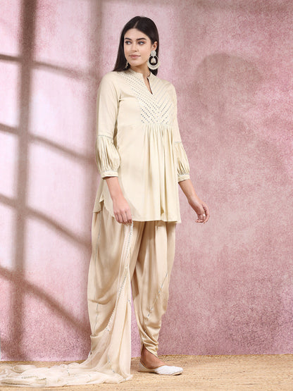 Embroidered & Embellished Rayon Pleated Kurti With Dhoti Pant & Dupatta