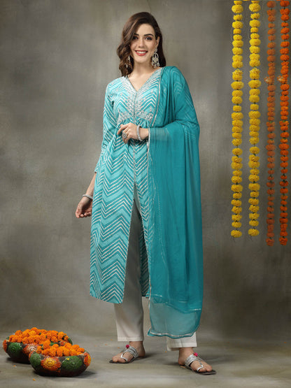 Lehriya Printed & Embroidered Cotton Alia Cut Kurta Pant Dupatta Set