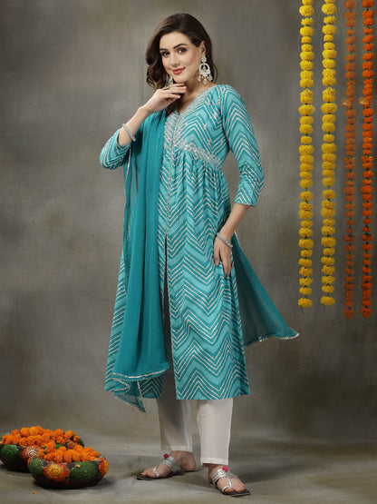 Lehriya Printed & Embroidered Cotton Alia Cut Kurta Pant Dupatta Set