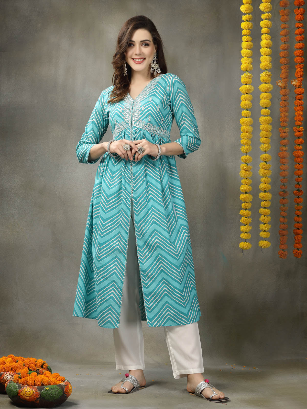 Lehriya Printed & Embroidered Cotton Alia Cut Kurta Pant Dupatta Set