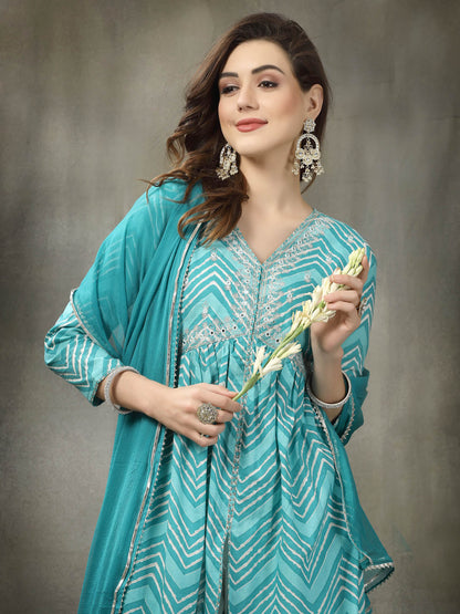 Lehriya Printed & Embroidered Cotton Alia Cut Kurta Pant Dupatta Set