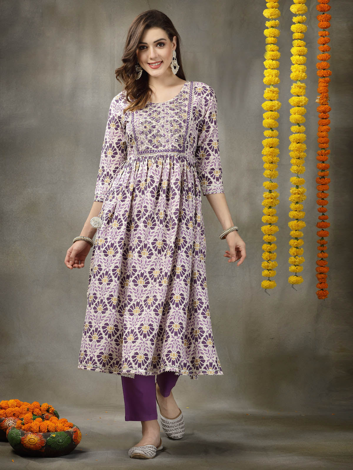 Printed & Embroidered Rayon Naira Cut Kurta Pant Dupatta Set