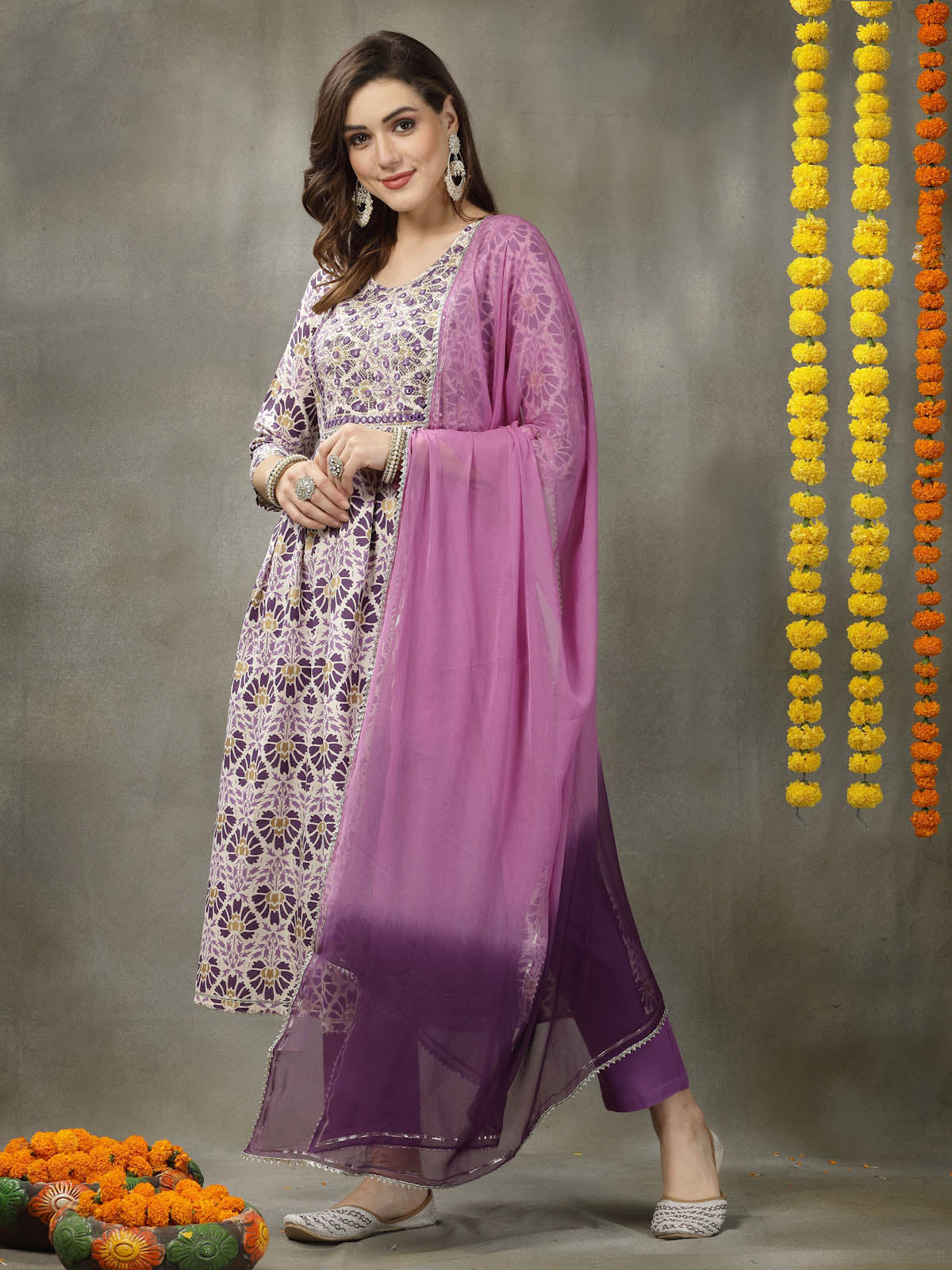 Printed & Embroidered Rayon Naira Cut Kurta Pant Dupatta Set