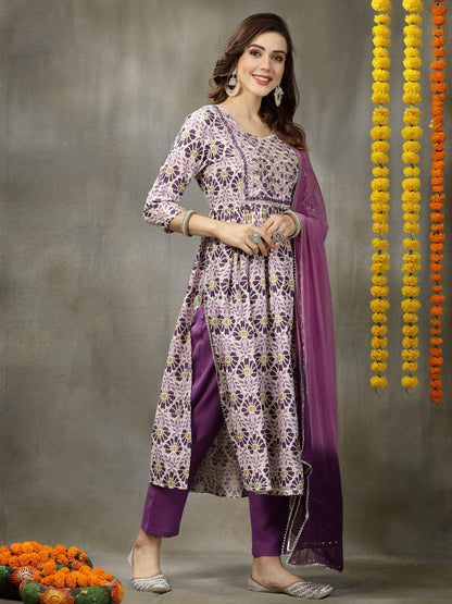 Printed & Embroidered Rayon Naira Cut Kurta Pant Dupatta Set