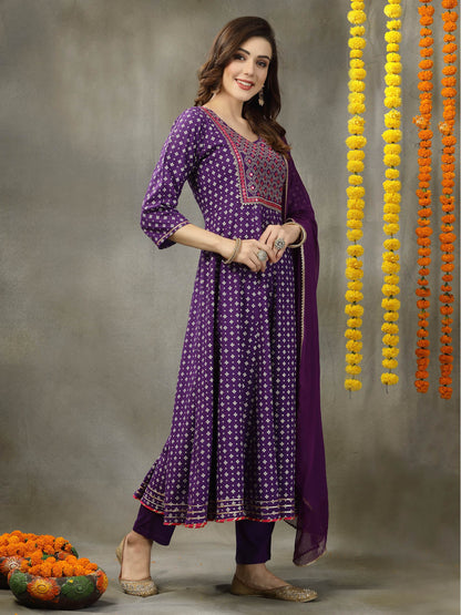 Bandhej Printed & Embroidered Rayon Anarkali Kurta Pant Dupatta Set