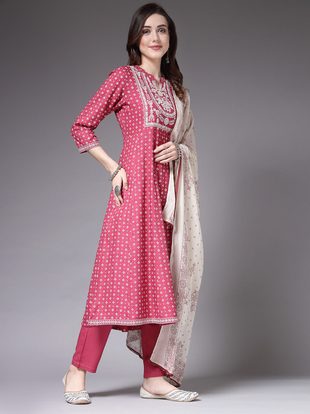 Bandhej Printed & Embroidered Rayon Anarkali Kurta Pant Dupatta Set