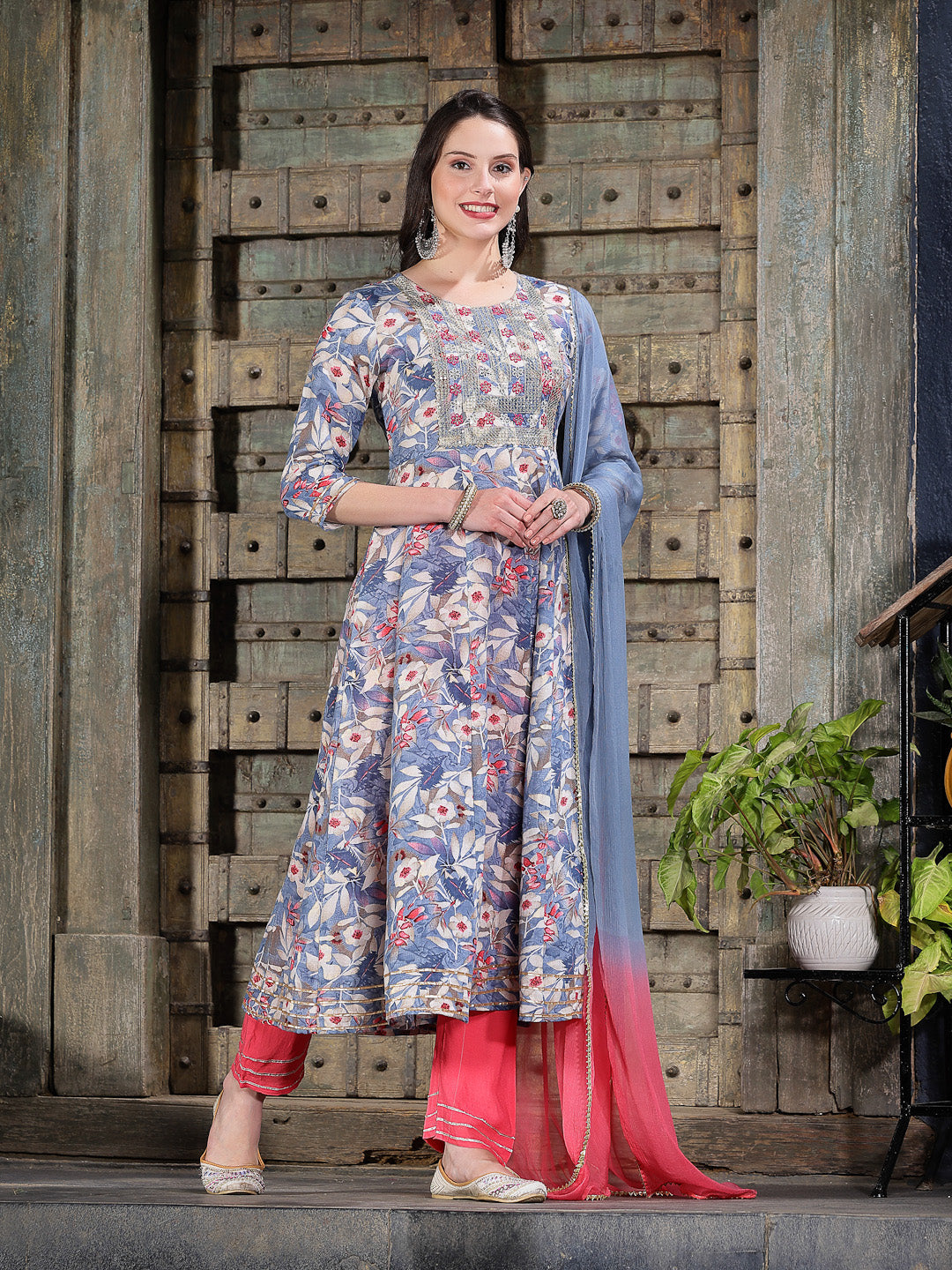 Floral Printed & Embroidered Cotton Blend Anarkali Kurta Pant Dupatta Set