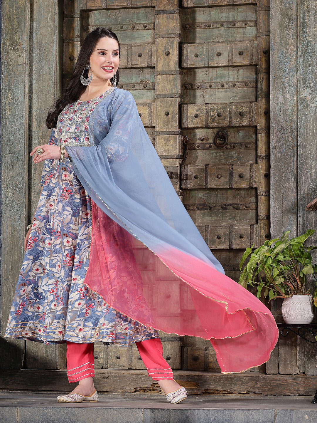 Floral Printed & Embroidered Cotton Blend Anarkali Kurta Pant Dupatta Set