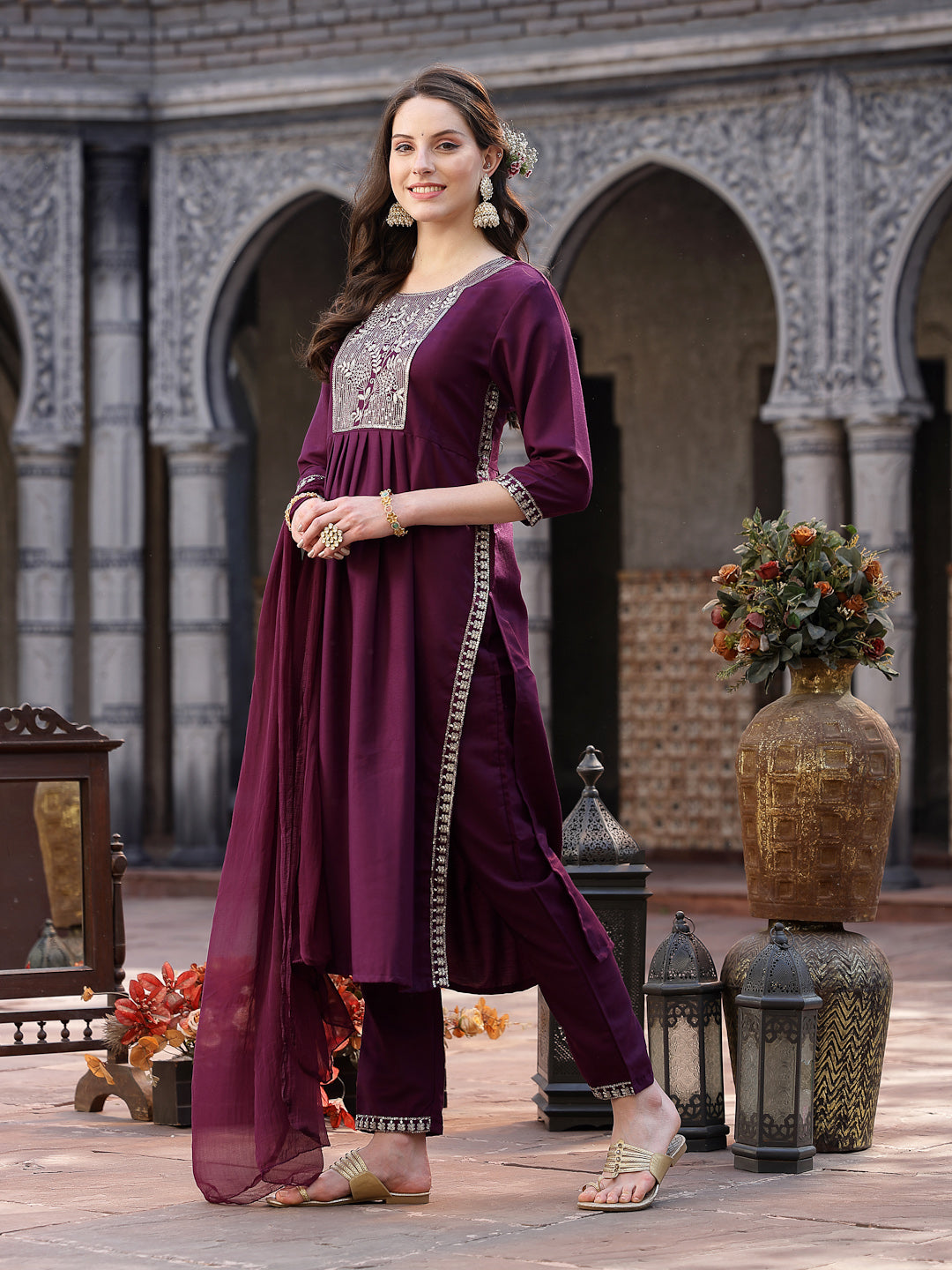 Solid & Embroidered Cotton Blend Naira Cut Kurta Pant Dupatta Set